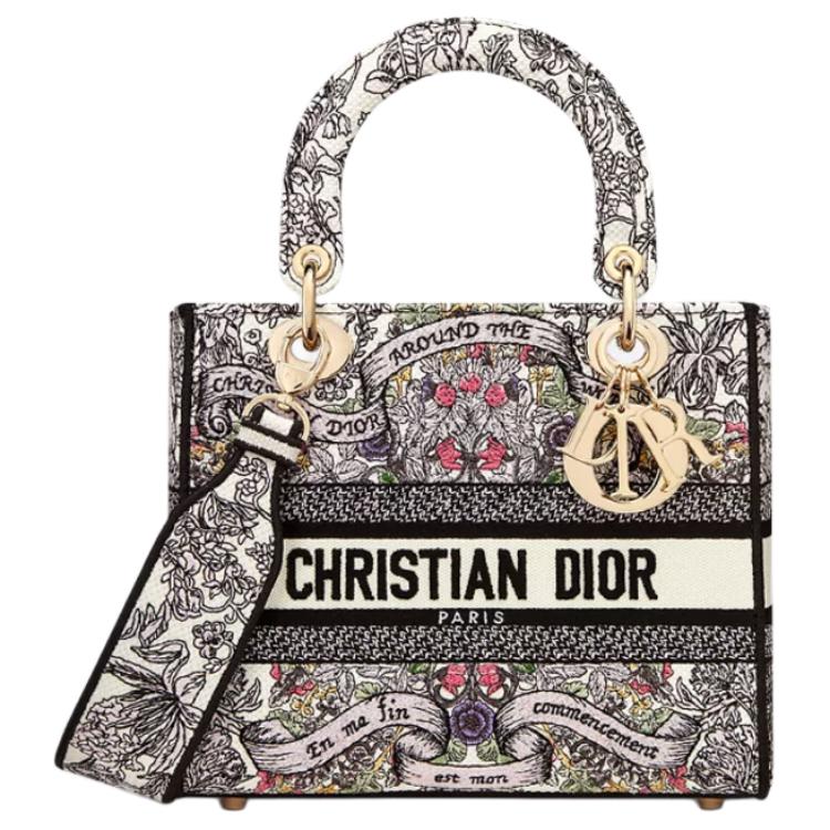 DIOR Lady D Lite Fabric Lady Dior Bag, Tote Bag, Shopping Bag, Handbag Medium Size Women's Milk White & Multicolor