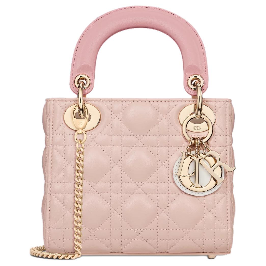 DIOR Lady Dior Sheepskin Shoulder Bag Crossbody Bag Handbag Mini Women's Milk White With Blush Pink And Peach Pink