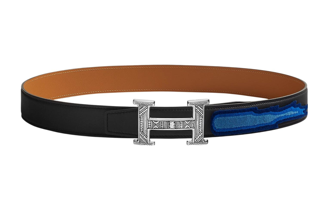HERMES Applique Letter Casual Trendy Silver Buckle Togo Calfskin Double-Sided Leather Belt Women's Black Width: 3.2cm