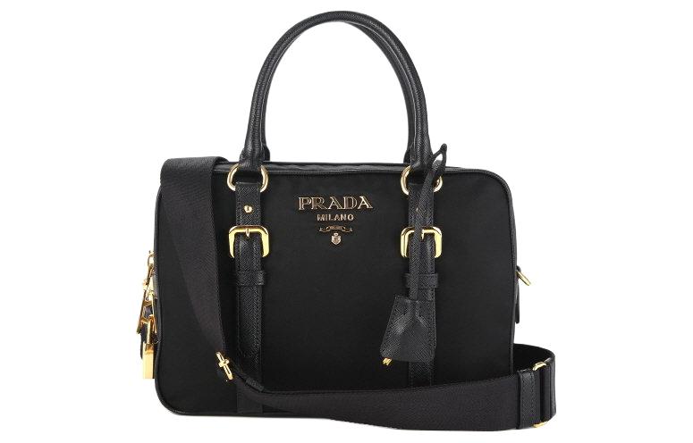PRADA Cow Leather With Nylon Shoulder Bag Crossbody Bag Handbag Women's Black