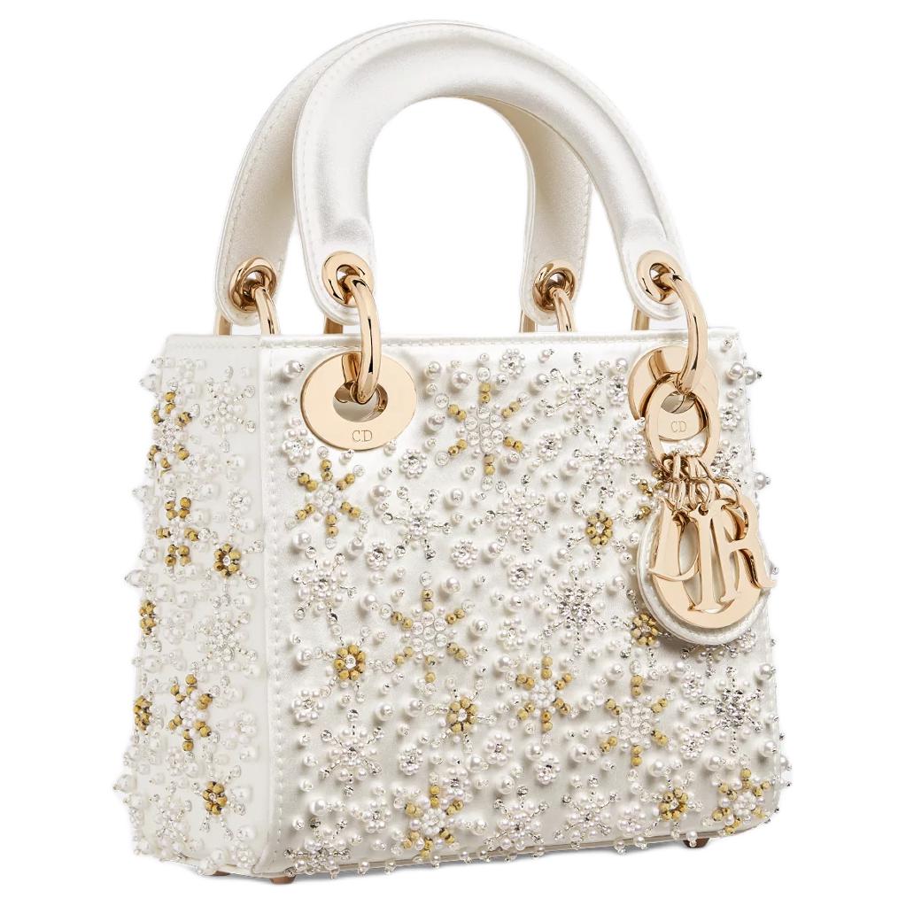 DIOR Lady Dior Satin Shoulder Bag Crossbody Bag Handbag Mini Women's Milk White