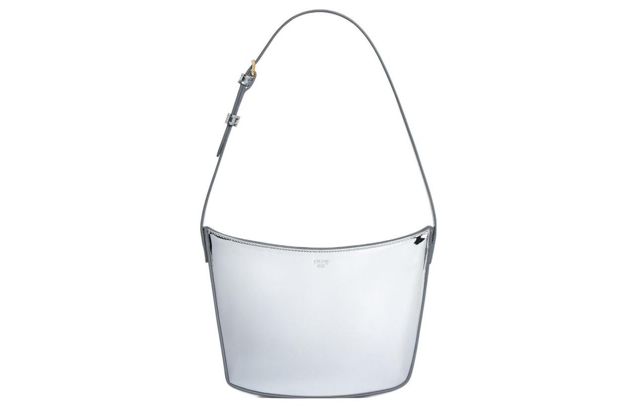 CELINE Croque Mirror Finish Fabric One Shoulder Handbags Medium Size Women's Silver