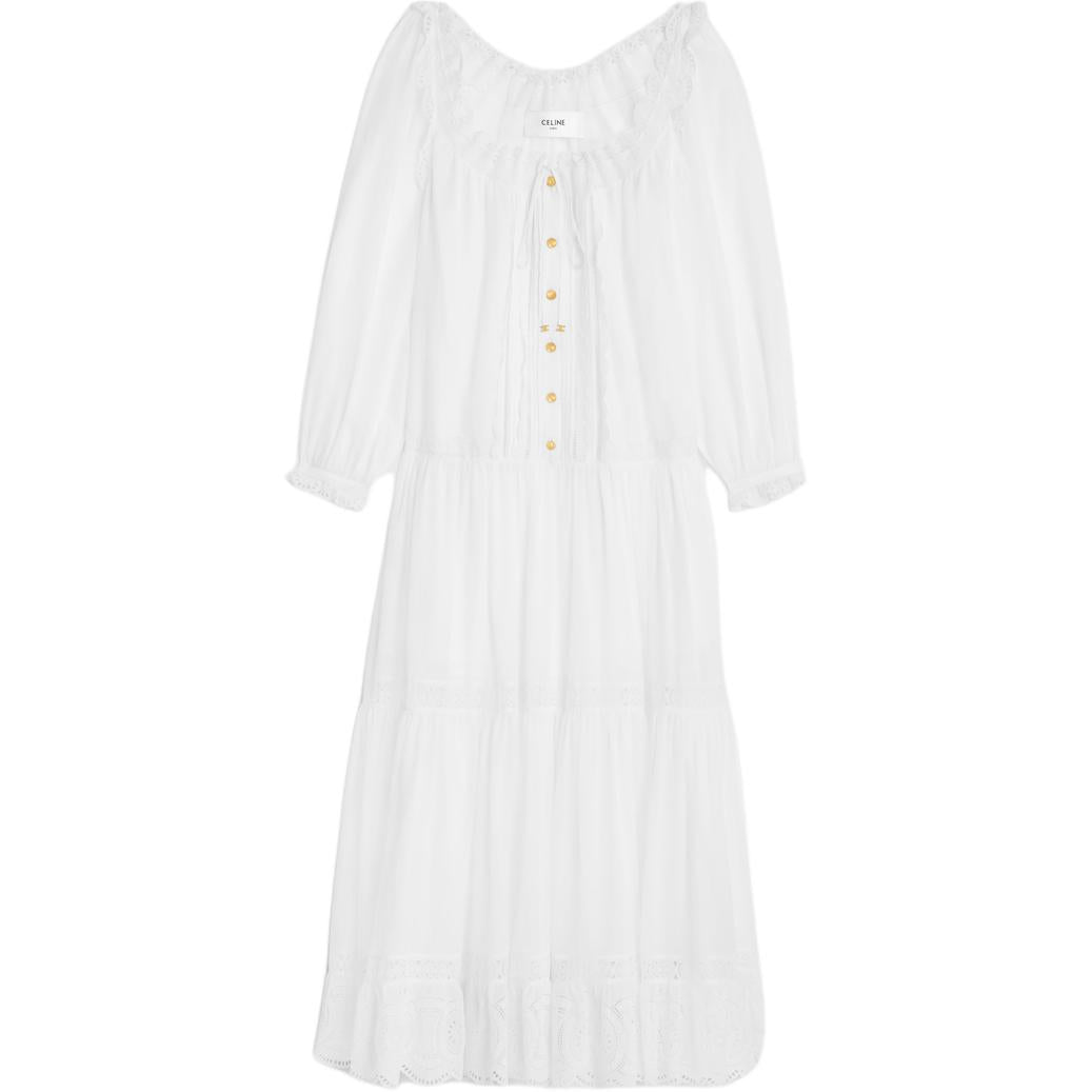 CELINE Embroidered Folk Dress In Cotton Muslin