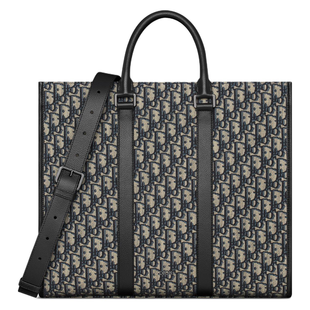DIOR Oblique Print Grained Cow Leather Shoulder Bag Crossbody Bag Handbag Men's Beige & Black