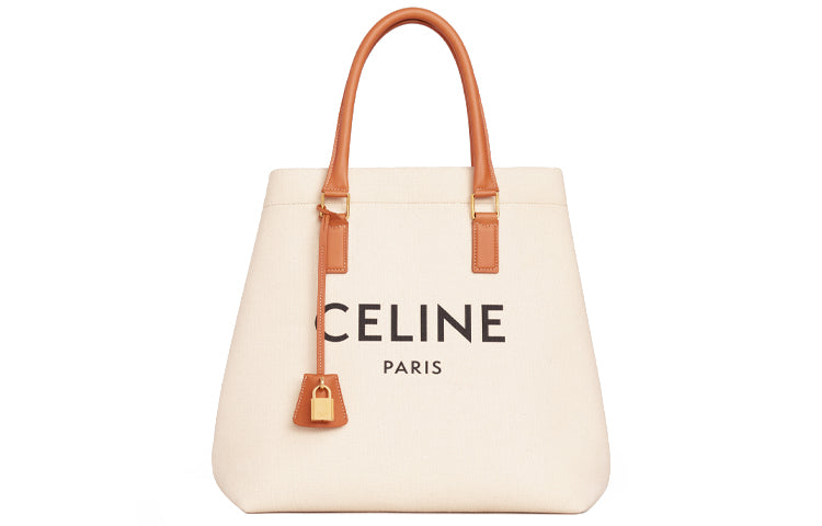 CELINE Cotton With Cow Leather Tote Bag, Shopping Bag, Handbag Tubas Women's Candy Color Beige