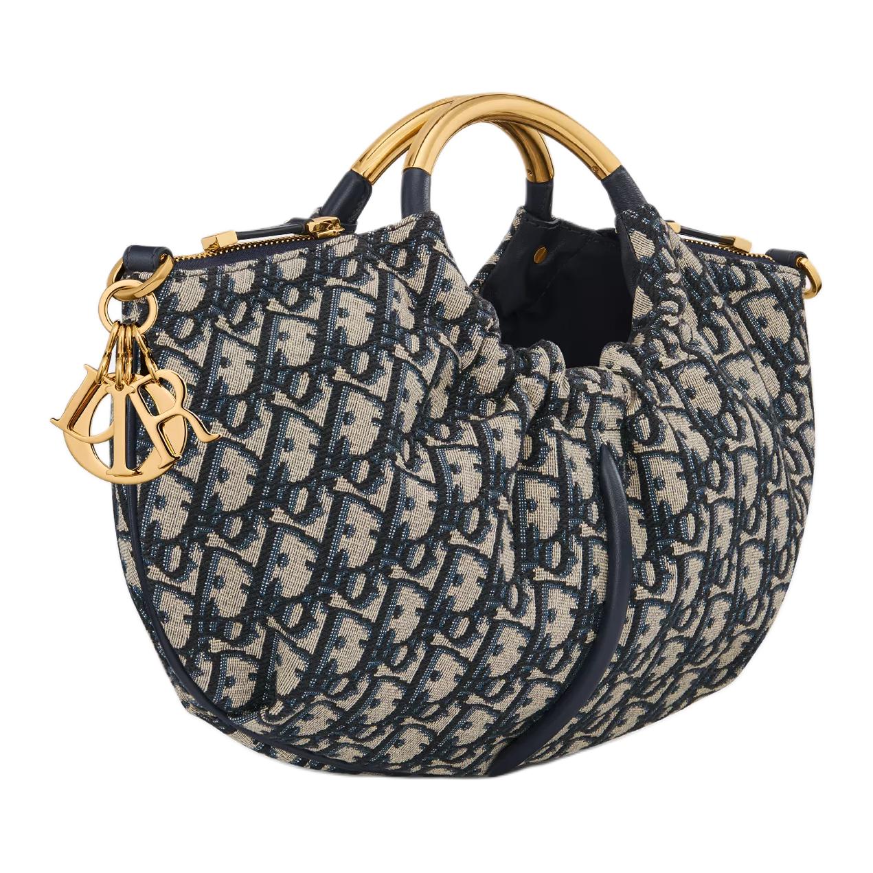 DIOR Oblique Jacquard Calfskin Shoulder Bag Crossbody Bag Handbag Women's Beige & Blue