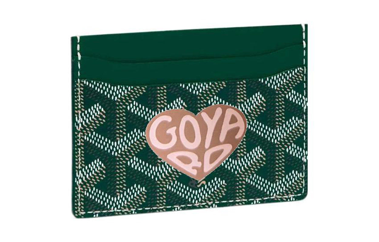 GOYARD Saint-Sulpice Canvas With Calfskin Card Clip Card Holder Unisex Green/Gray Pink Small Heart