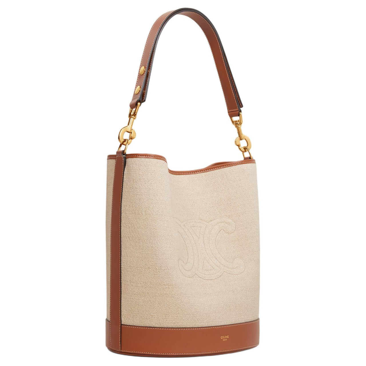 CELINE Fabric With Calfskin Hand Bucket Bag, Shoulder Bag Women's Natural & Tan