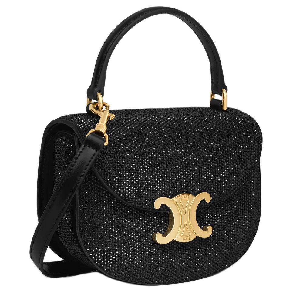 CELINE Besace Rhinestone Calfskin One Shoulder Handbag Mini Women's Black