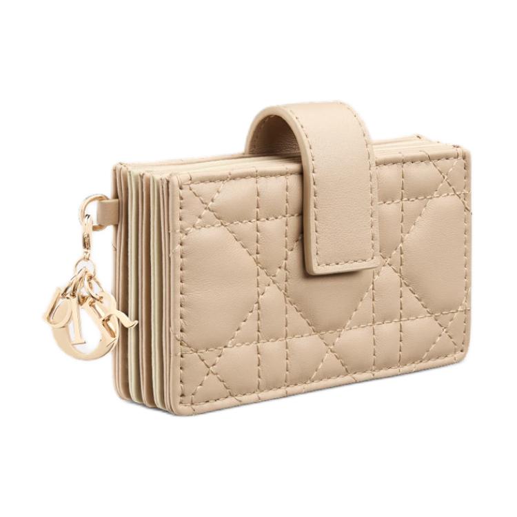 DIOR Lady Dior Sheepskin Card Holder Women's Rouge Beige With Grey Accents Ivory