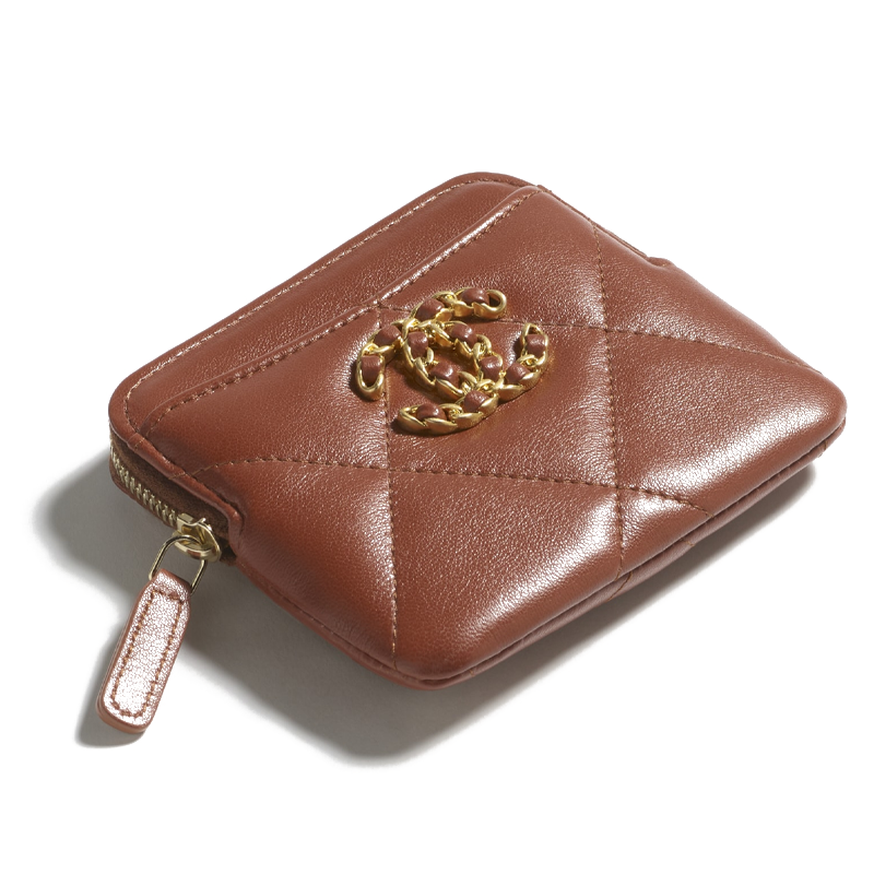 CHANEL 19Bag Bright Lambskin With Metal Accents Coin Purse Women's Brown