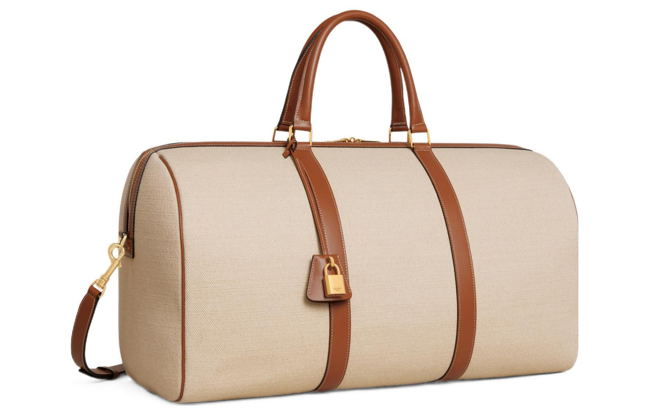 CELINE Fabric Cow Leather Patchwork One Shoulder Crossbody Portable Travel Bag Large Size Women's Natural Color/Tan