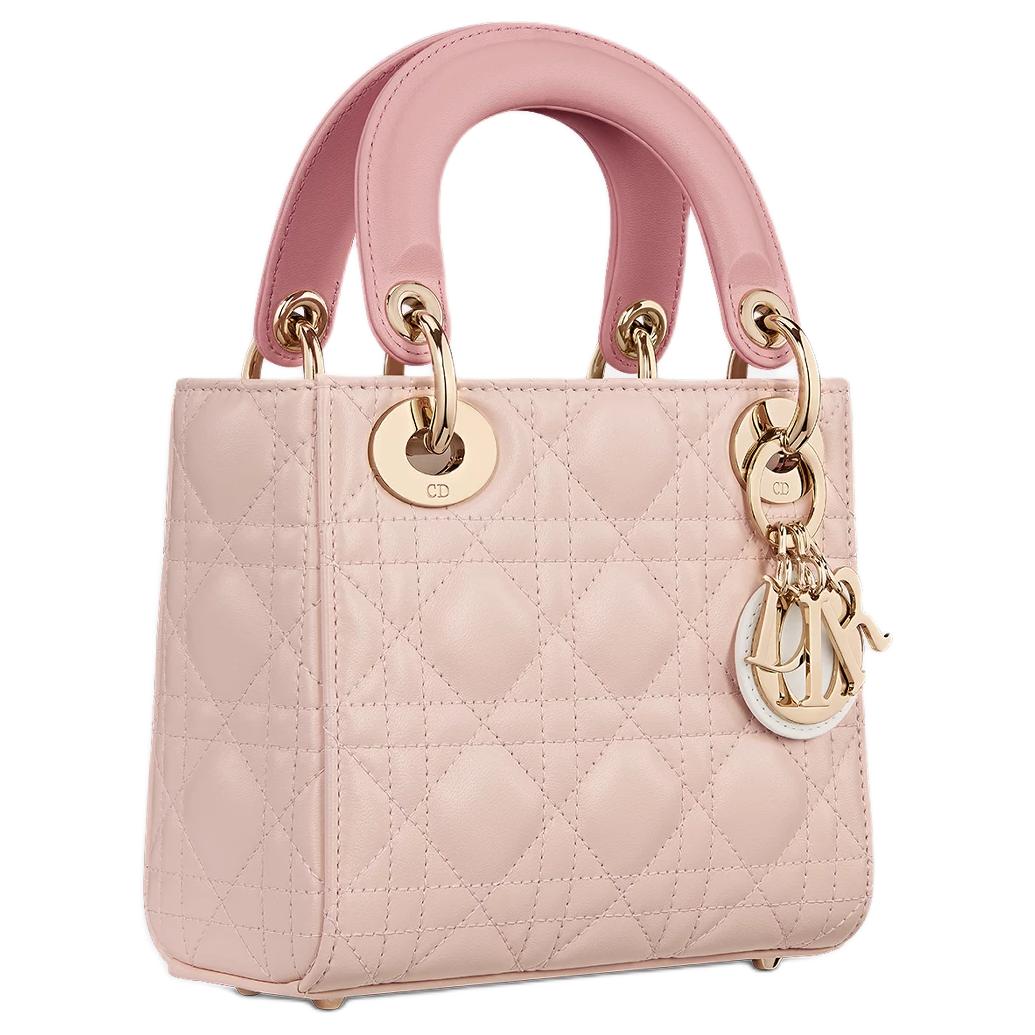 DIOR Lady Dior Sheepskin Shoulder Bag Crossbody Bag Handbag Mini Women's Milk White With Blush Pink And Peach Pink