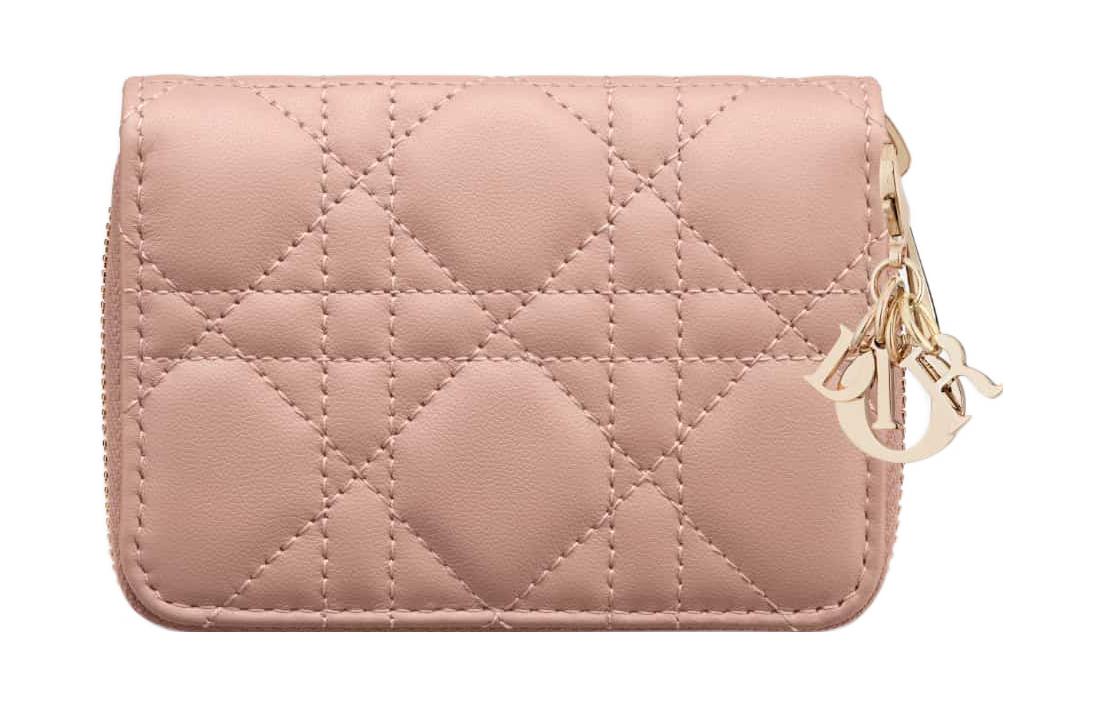 DIOR Lady Dior Sheepskin Wallet Small Size Women's Rose Pink