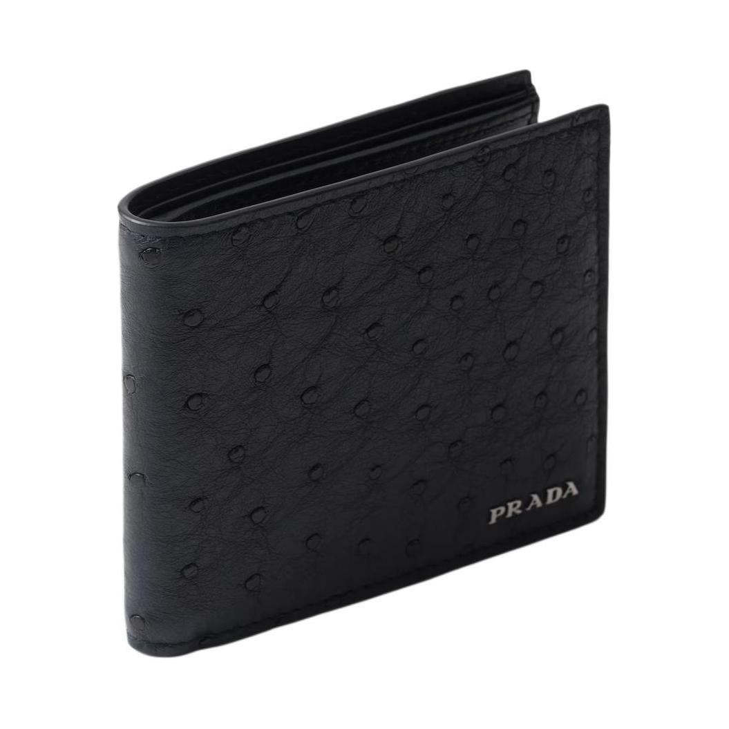 PRADA Exotic Leather With Ostrich Leather Wallet Men's Blue Black