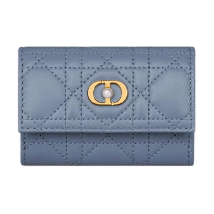 DIOR Wicker Pattern Lambskin Wallet Women's Denim Blue