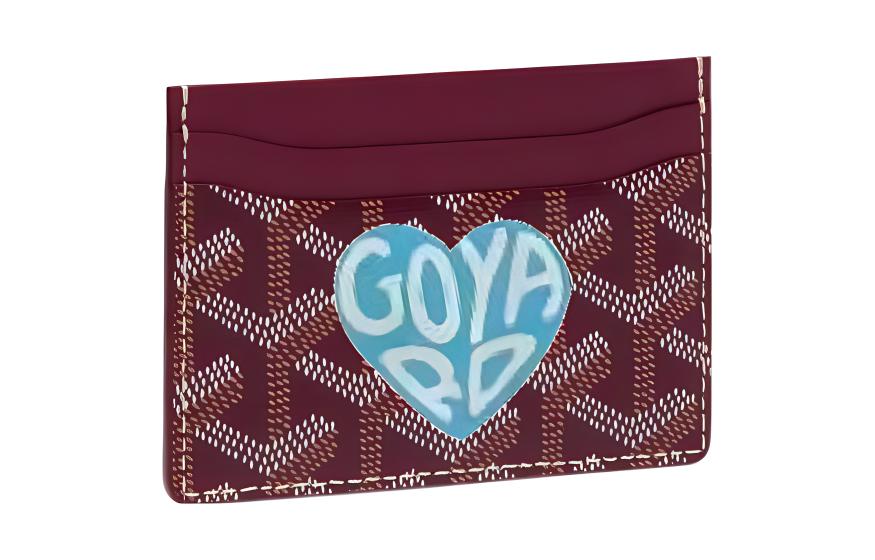 GOYARD Saint-Sulpice Canvas With Calfskin Card Clip Card Holder Unisex Burgundy & Light Blue Small Heart