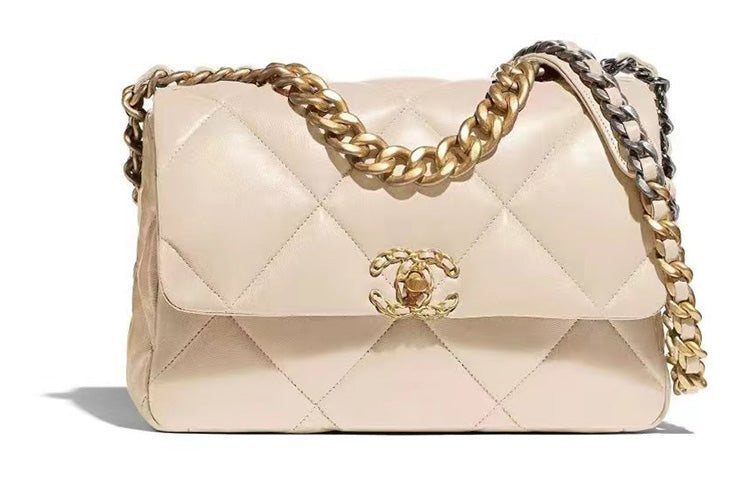 CHANEL 19Bag Sheepskin Mouth Cover Bag Crossbody Bag Large Size Women's Milk Tea Beige