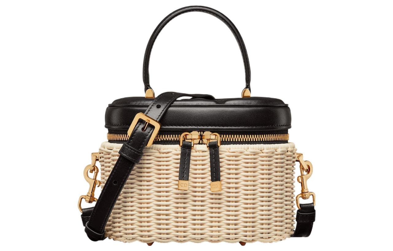 DIOR Wicker With Cow Leather Shoulder Bag, Crossbody Bag, Handbag Trumpets Women's Black & Natural