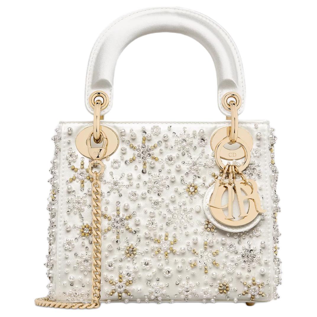DIOR Lady Dior Satin Shoulder Bag Crossbody Bag Handbag Mini Women's Milk White