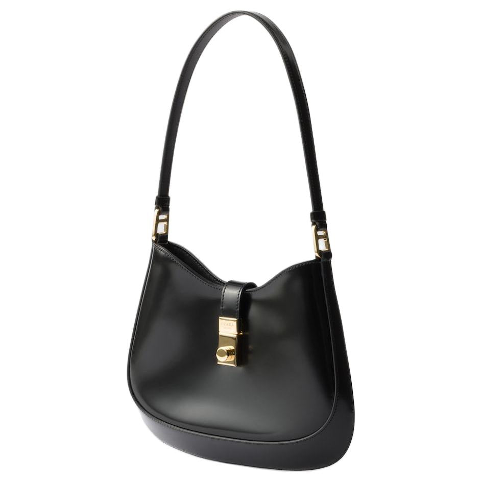 PRADA Cleo Shiny Leather Hobo Bag, Handbag, Shoulder Bag Regular Women's Black