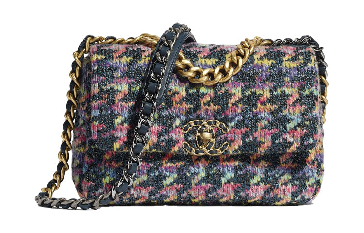 CHANEL 19Bag Knitted Fabric Shoulder Bag Crossbody Bag Women's Gray & Multicolor