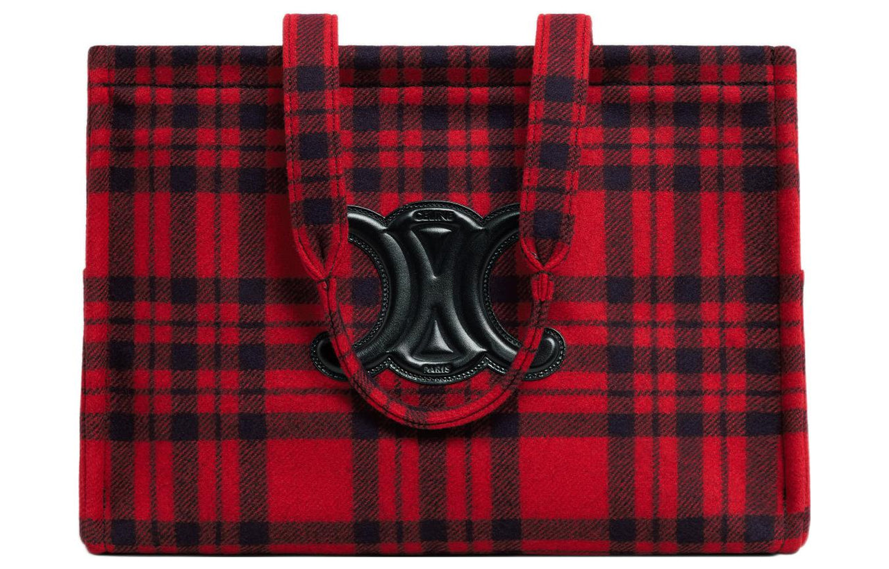 CELINE Fabric Plaid With Cow Leather Handbag Women's Red Black
