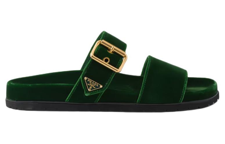 PRADA Enamel Triangle-logo Velvet Slides