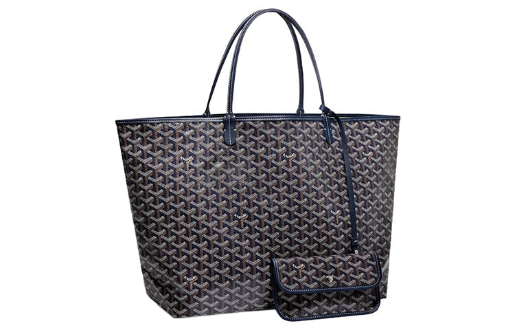 GOYARD Saint Louis Canvas With Calfskin Combo Bag Tote One Shoulder Handbag Large Size Unisex Marine Blue