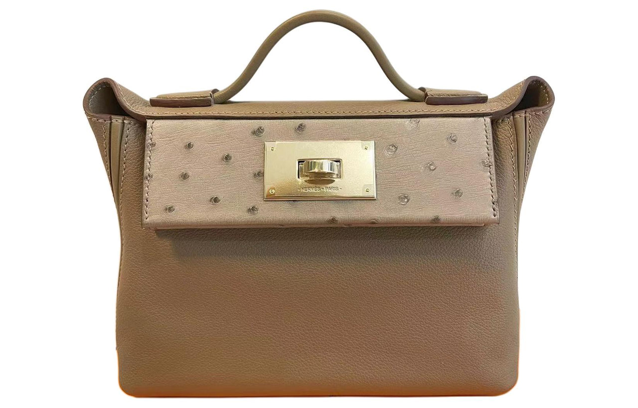 HERMES 24/24 Leather With Ostrich Leather Portable Crossbody Bag Shoulder Bag Women's Etoupe Elephant Gray