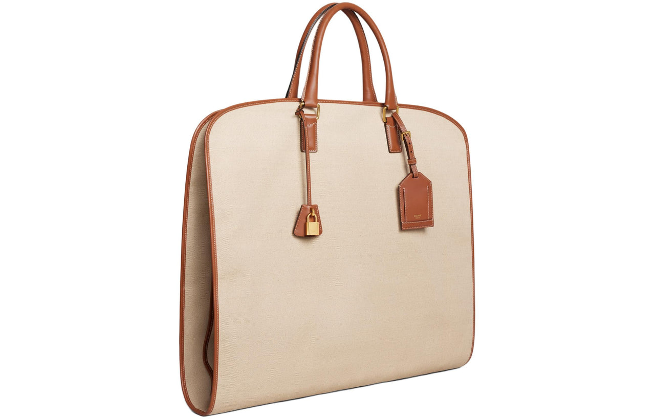 CELINE Fabric With Calfskin Clothing Bag Storage Bag Men's Natural & Brown Umber