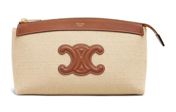 CELINE Fabric Cow Leather Patchwork Clutch Medium Size Women's Natural Color/Tan