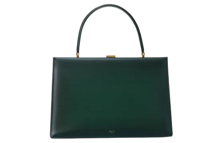 CELINE Clasp Calfskin Handbag Shoulder Bag Medium Size Women's Dark Green