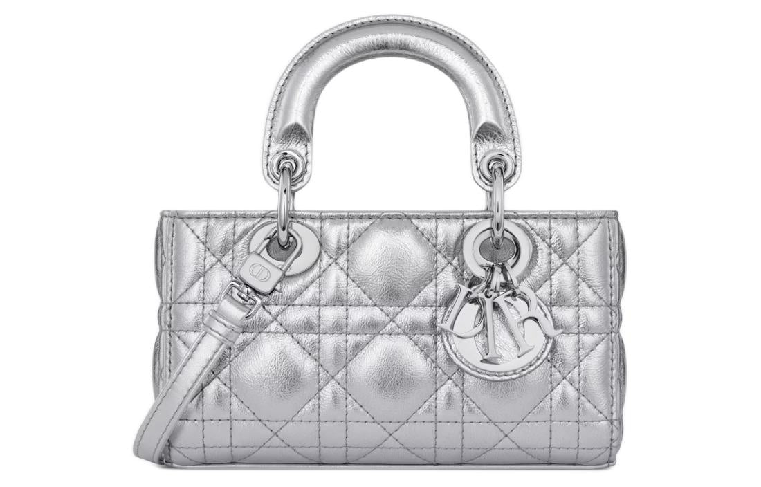 DIOR Lady D-JOY Pleated Cow Leather Shoulder Bag Crossbody Bag Handbag Extra Mini Women's Silver