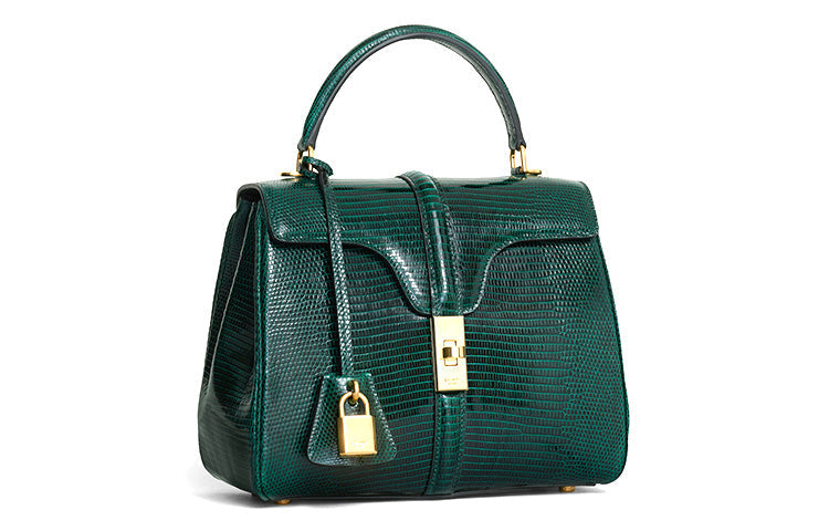 CELINE 16 Lizard Skin Handbag Small Size Women's Dark Green