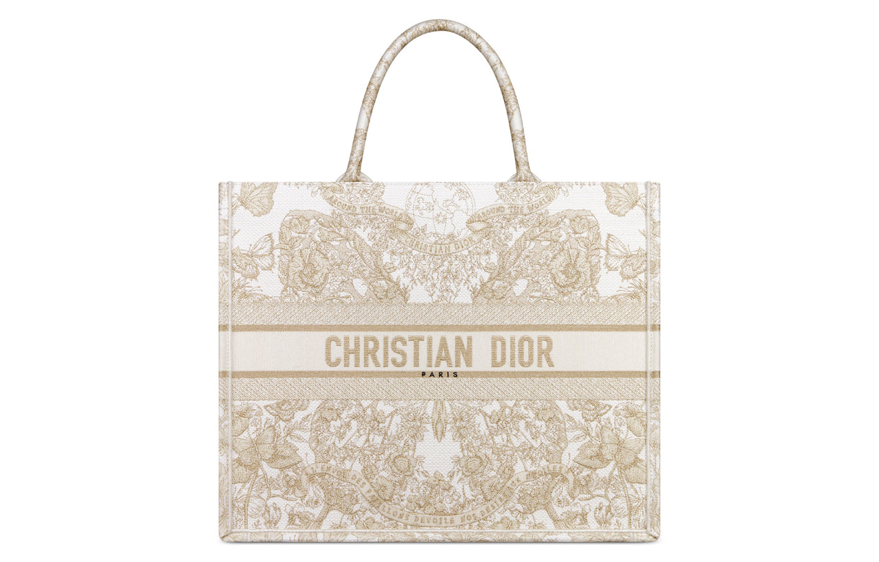 DIOR BookTote Embroidery Tote Bag, Shopping Bag, Handbag Tubas Women's Gold & White