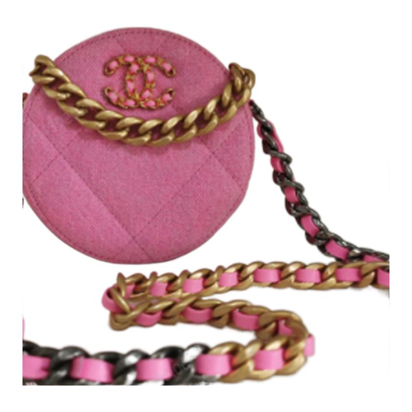 CHANEL 19Bag Denim Mini Small Round Cake Dinner Bag Handheld Shoulder Bag Women's Bright Pink