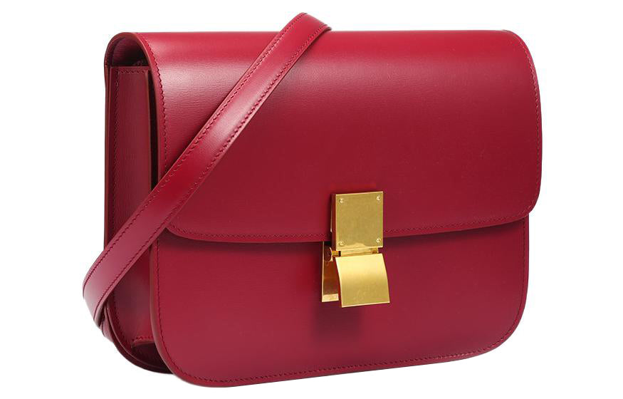 CELINE Classic Bo Polished Cow Leather Handbag Tofu Bag Block Crossbody Bag Shoulder Bag Women's Raspberry Red