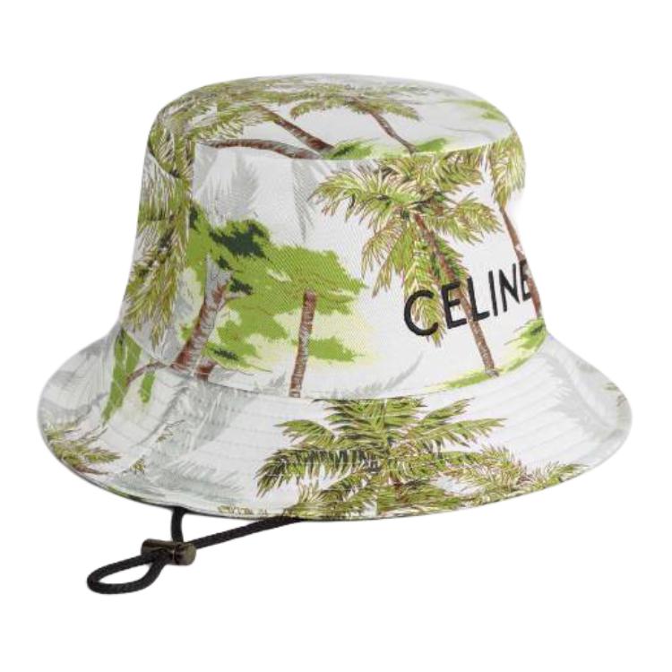CELINE Embroidery In Ombre Palm Tree Print Cotton Gabardine Bucket Hat With Drawstring