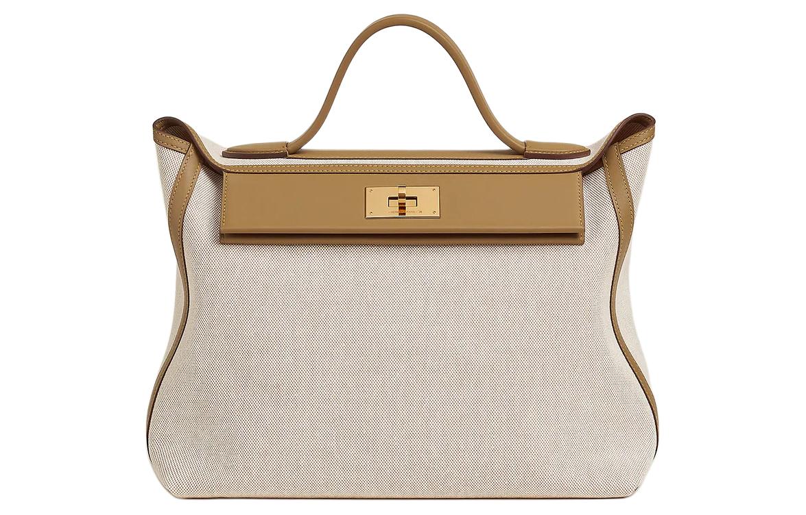 HERMES 24/24 Canvas With Swift Calfskin Handbag Women's Beige & Brown