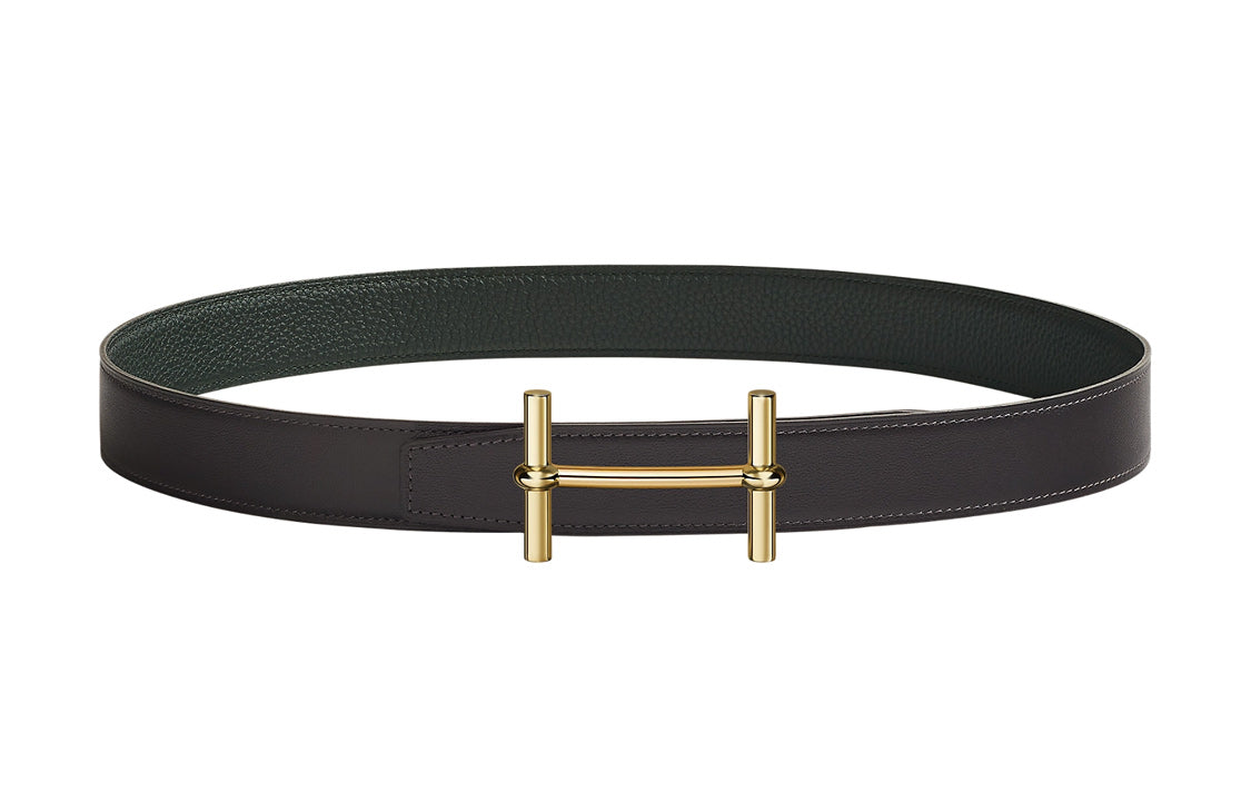 HERMES Avant-Garde Gold Buckle Togo Calfskin Double-Sided Leather Belt Women's Black/Dark Green Width: 3.2cm