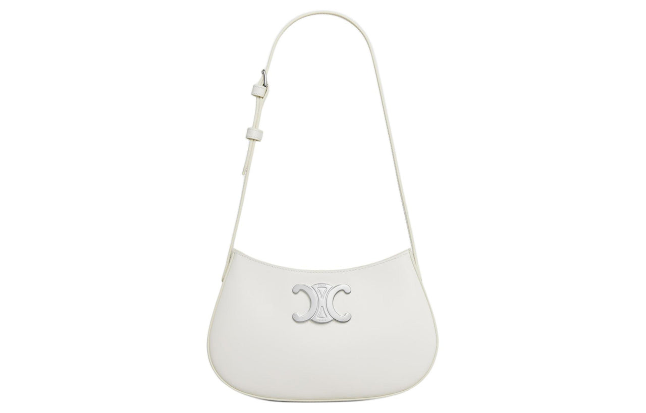 CELINE Cow Leather Handbag Shoulder Bag Women's White