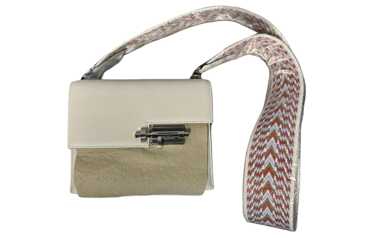 HERMES Verrou Mysore Goat Skin With Canvas Shoulder Bag Crossbody Bag Mini Women's White