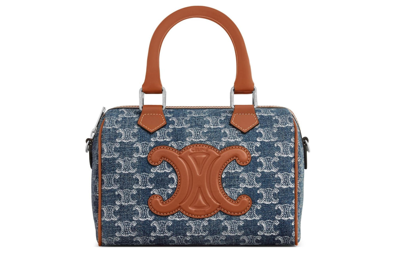 CELINE Denim With Leather Boston Bag Shoulder Bag Crossbody Bag Handbag Women's Blue