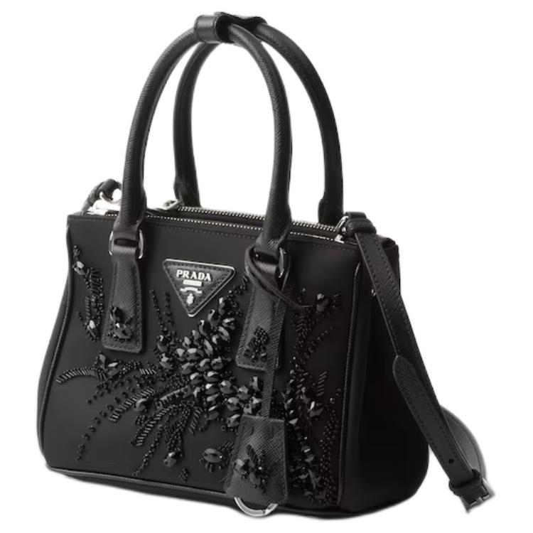 PRADA Embroidered Leather Shoulder Bag Crossbody Bag Handbag Mini Women's Black