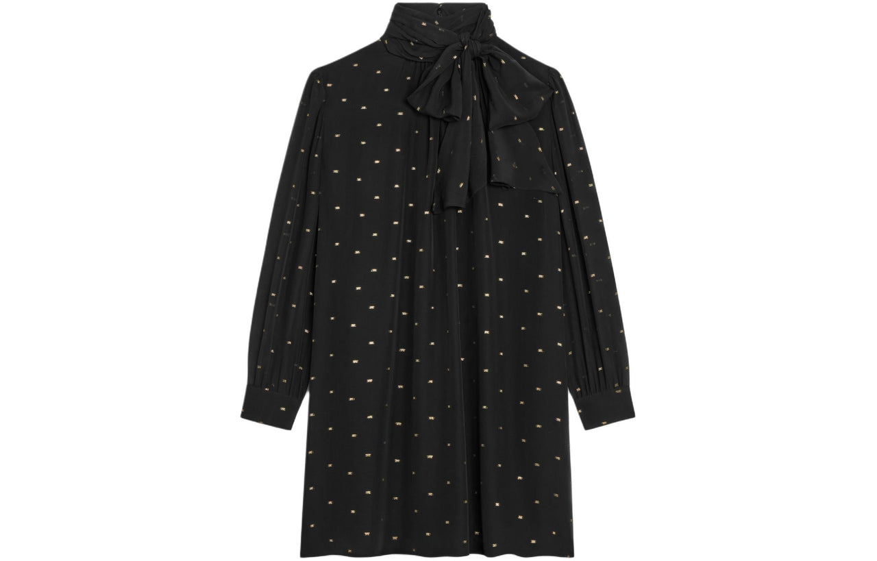 CELINE Babydoll Dress In Silk Georgette Long Sleeved Dress Women's Black