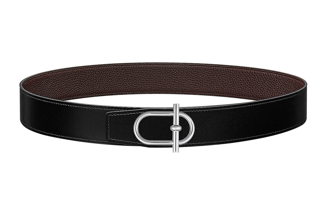 HERMES Avant Garde Silver Buckle Togo Calfskin Double Sided Leather Belt Men's Black/Chocolate Width 3.8cm