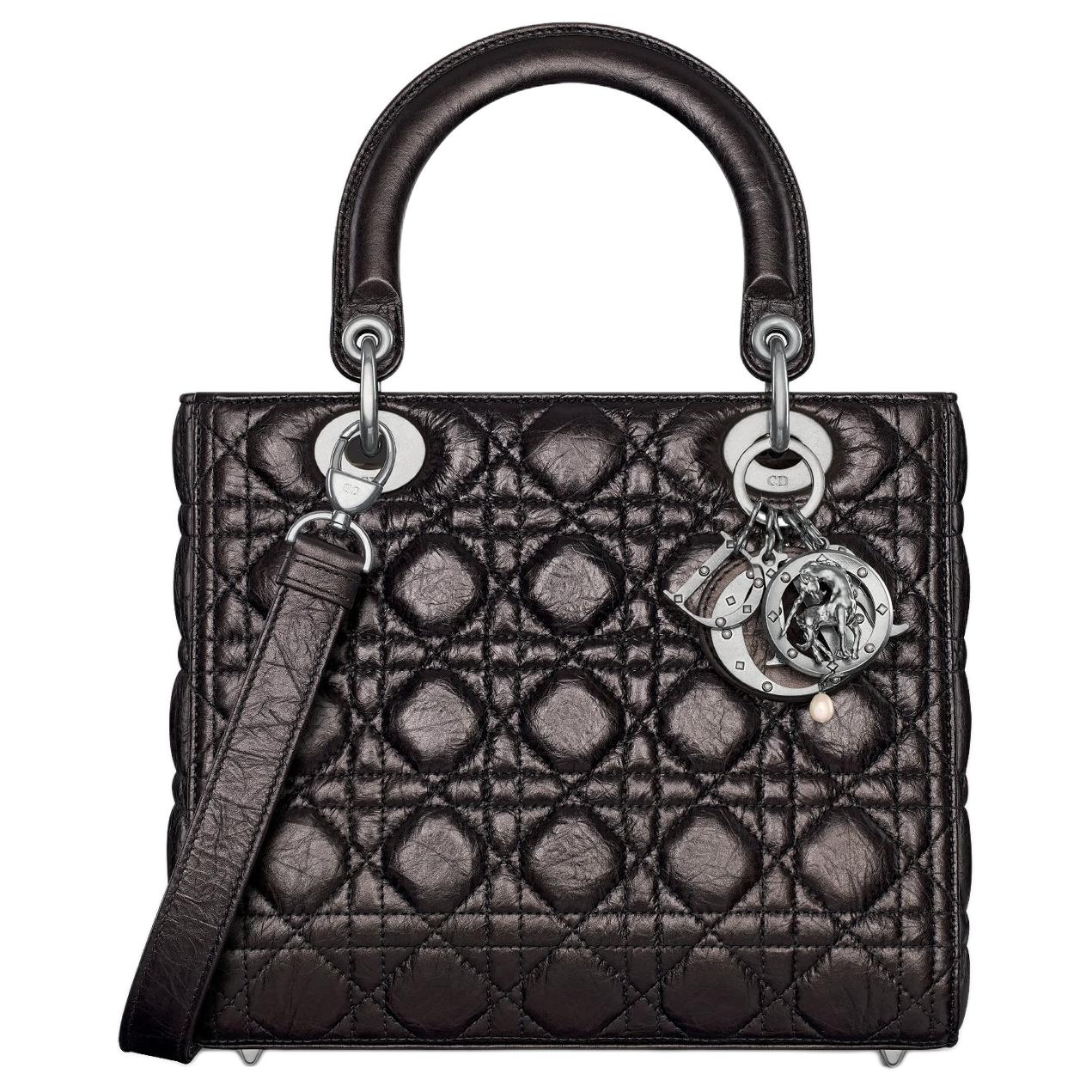 DIOR Lady Dior Calfskin One Shoulder Handbags Medium Size Women's Black