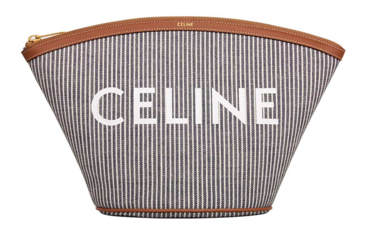 CELINE Fabric Cow Leather Patchwork Clutch Women's Marine Blue
