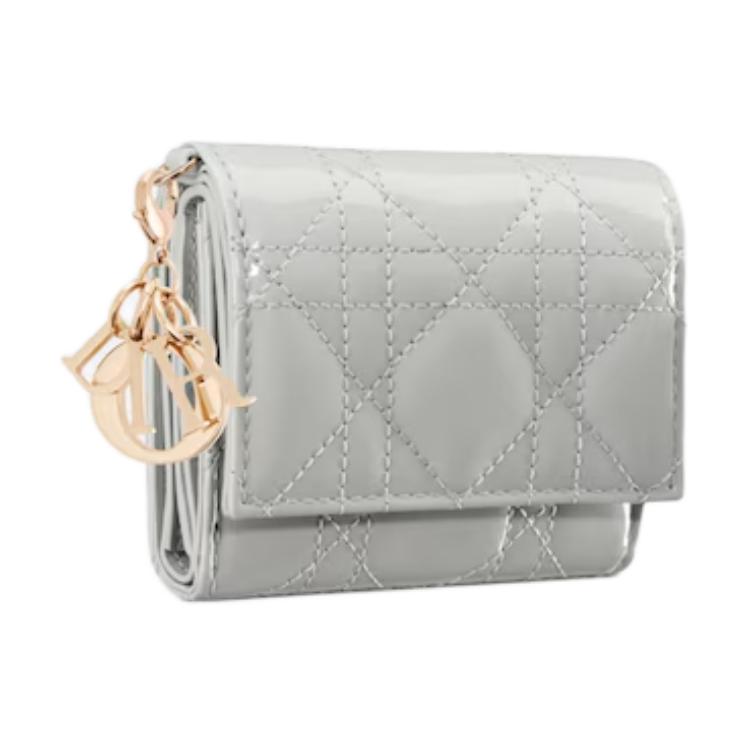 DIOR Wicker Pattern Patent Leather With Calfskin Wallet Women's Mist Gray